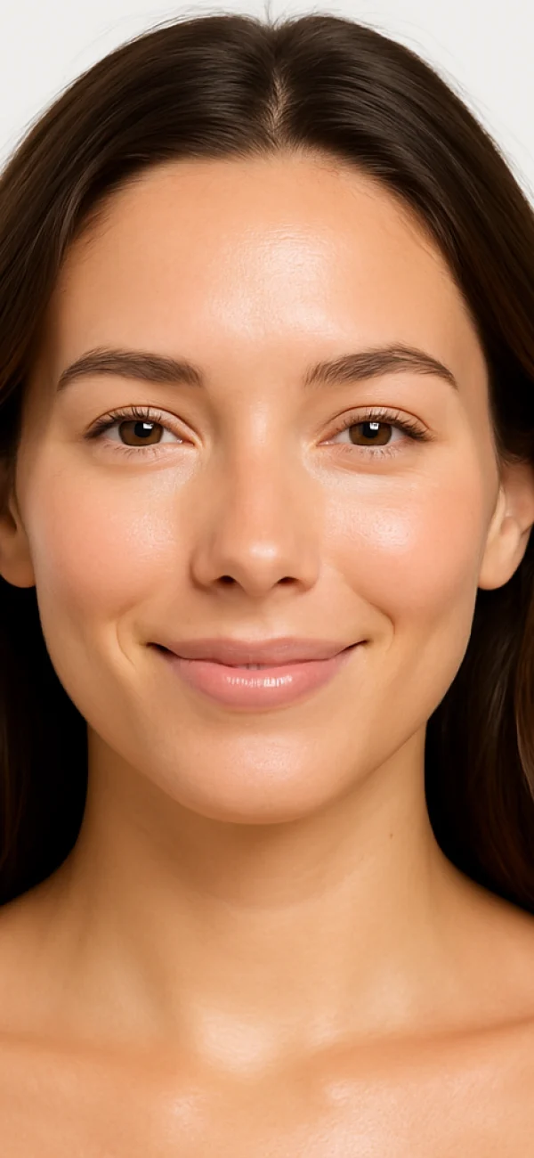 Glowing Skin – Model Face LED Result American woman with glowing skin on white background – skincare model