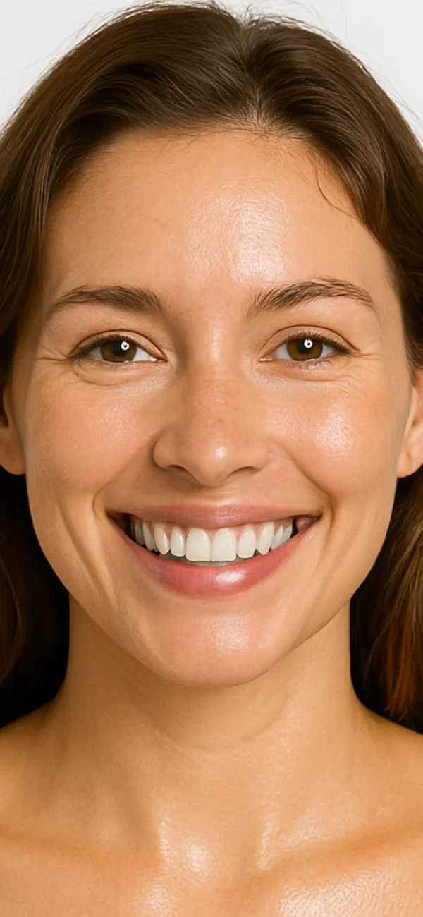 Glowing Skin – Model Face LED Result American woman with glowing skin on white background – skincare model