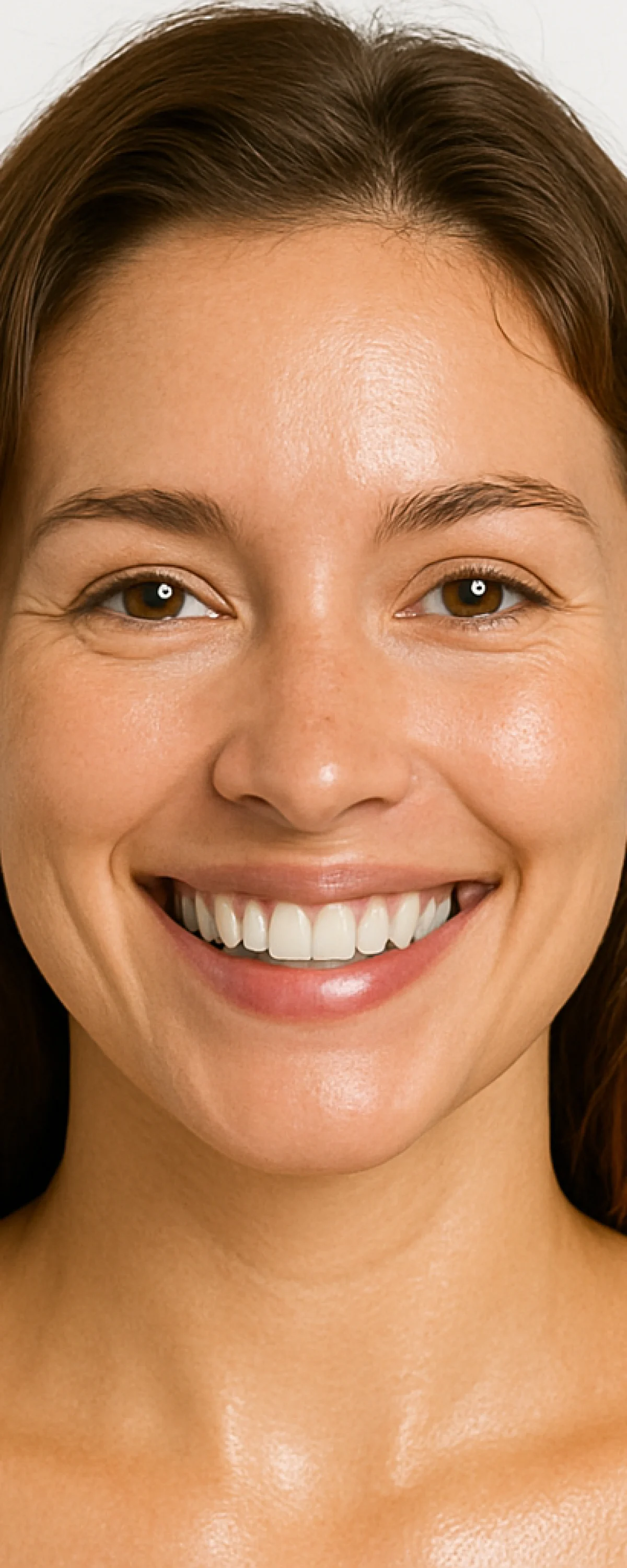 Glowing Skin – Model Face LED Result American woman with glowing skin on white background – skincare model