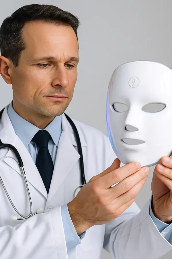 Expert Endorsement – LED Mask for Professional Skincare Doctor Holding LED Light Therapy Mask – Medical Skincare Recommendation