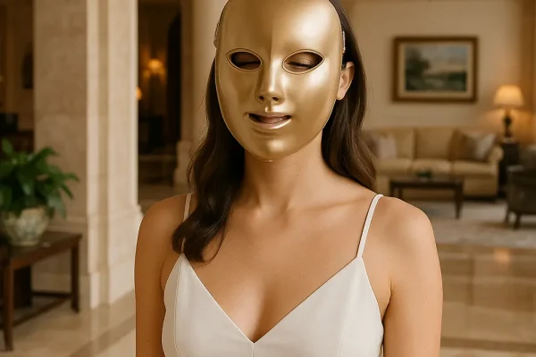 LED Gold Face Mask – Skincare Ritual Woman using gold LED face mask in elegant skincare routine