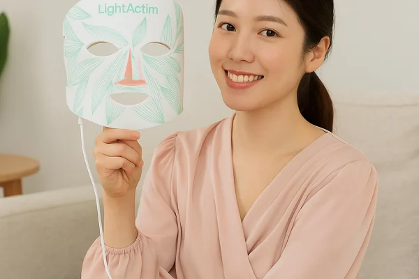 Woman with 7-Color LED Mask – Skin Rejuvenation Therapy Smiling woman holding LED beauty mask in luxury living room – skincare and rejuvenation