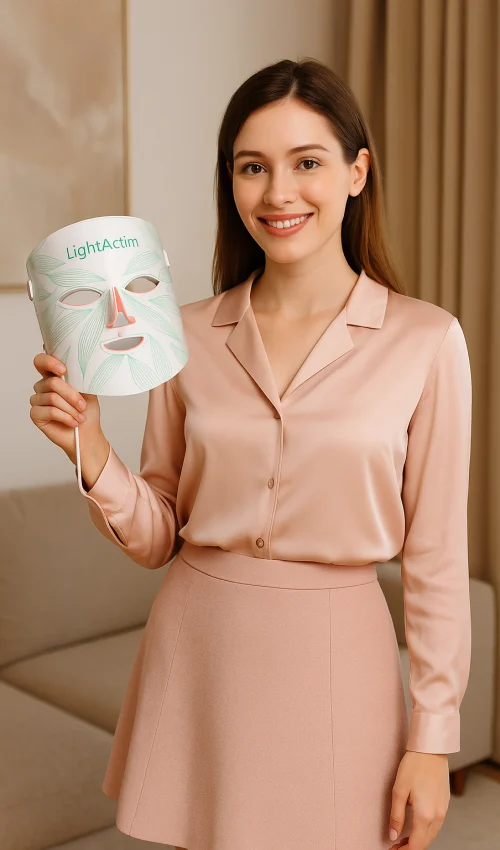 LED Skincare Mask – Beauty Innovation for Radiant Complexion Confident woman holding LED facial mask – advanced light therapy for glowing skin