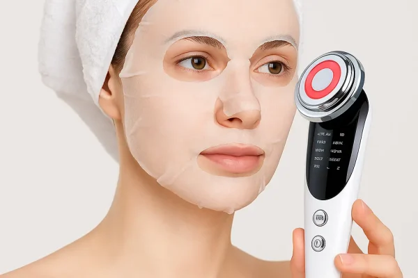 LED Facial Massager in Use – Deep Skin Rejuvenation A woman using a red-light LED facial massager over a sheet mask for skin care treatment.